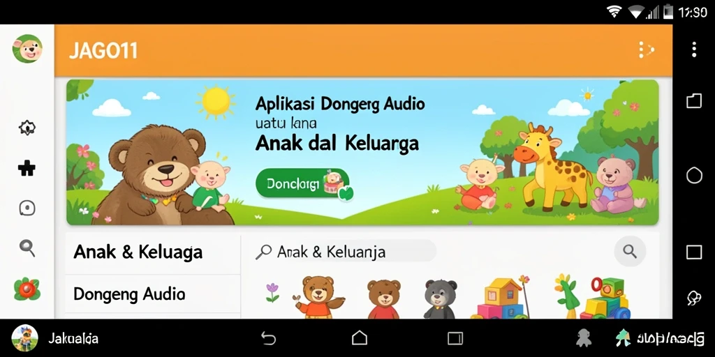 Antarmuka aplikasi JAGO11 yang interaktif untuk dongeng audio.