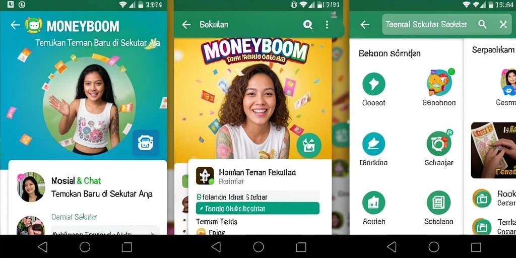 Tampilan antarmuka aplikasi MONEYBOOM untuk mencari teman baru.